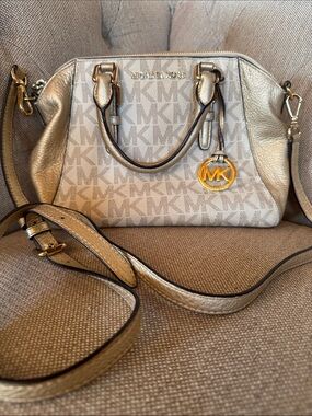 Michael Kors Metallic Gold Logo Satchel with Crossbody Strap
